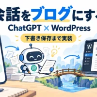 ChatGPTの会話を記事に整理し、WordPressへ下書き保存する仕組みを描いたイラスト
