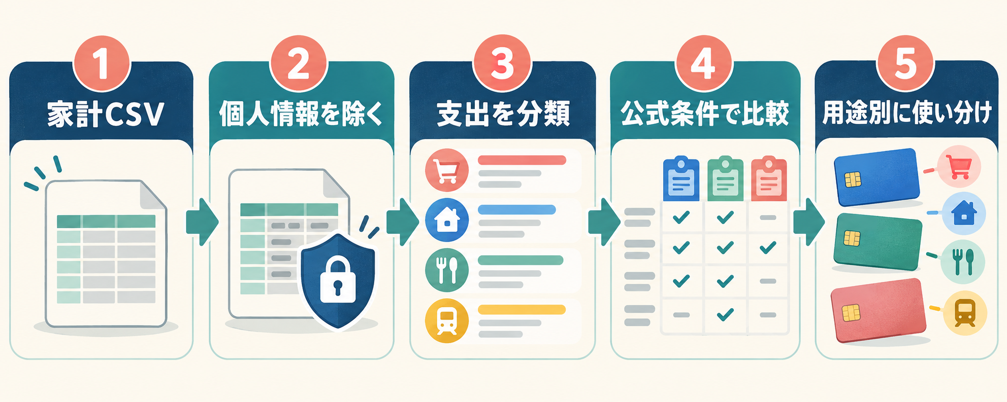 家計CSVから個人情報を除き、支出分類、公式条件の比較、用途別のカード使い分けへ進む5段階。AI生成図解。