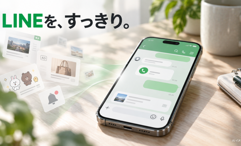 LINEのニュース・広告・スタンプ候補・通知を整理し、連絡に集中する様子を表したAI生成イメージ。画面は実際のLINE画面ではありません。