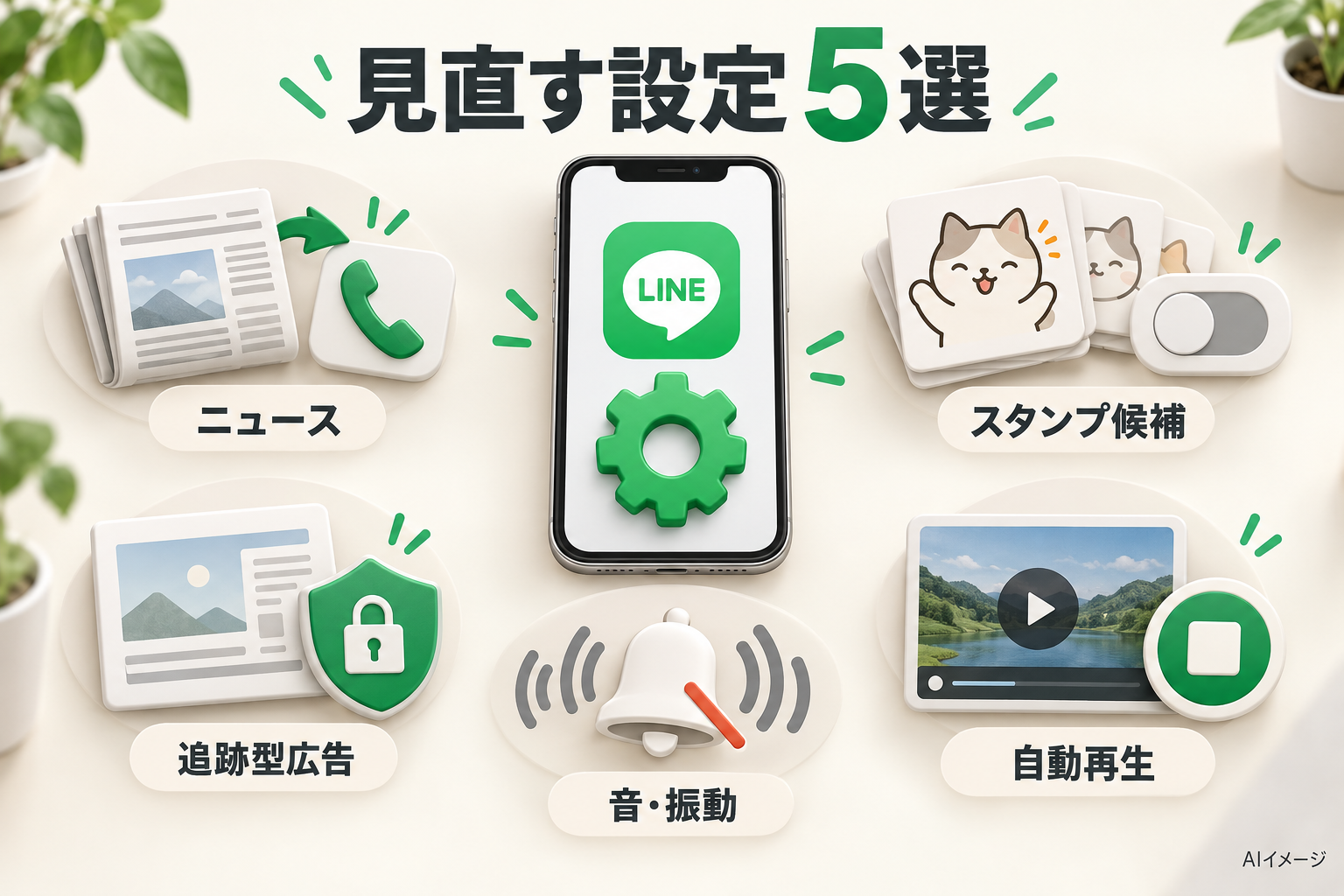 ニュース、スタンプ候補、追跡型広告、音・振動、自動再生の5つの見直し対象を示す説明用AI生成イラスト。実際の設定画面ではありません。