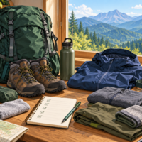 登山靴、ザック、雨具、水筒、ヘッドライトとチェックリストを並べた登山準備のAI生成イメージ。