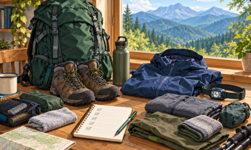 登山靴、ザック、雨具、水筒、ヘッドライトとチェックリストを並べた登山準備のAI生成イメージ。