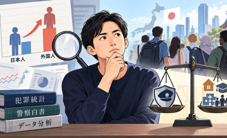 外国人犯罪の統計と移民政策の受け入れ体制を比較検討するイメージ