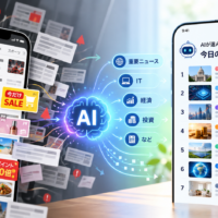 大量のニュースからAIが重要ニュース5〜7本を整理するイメージ