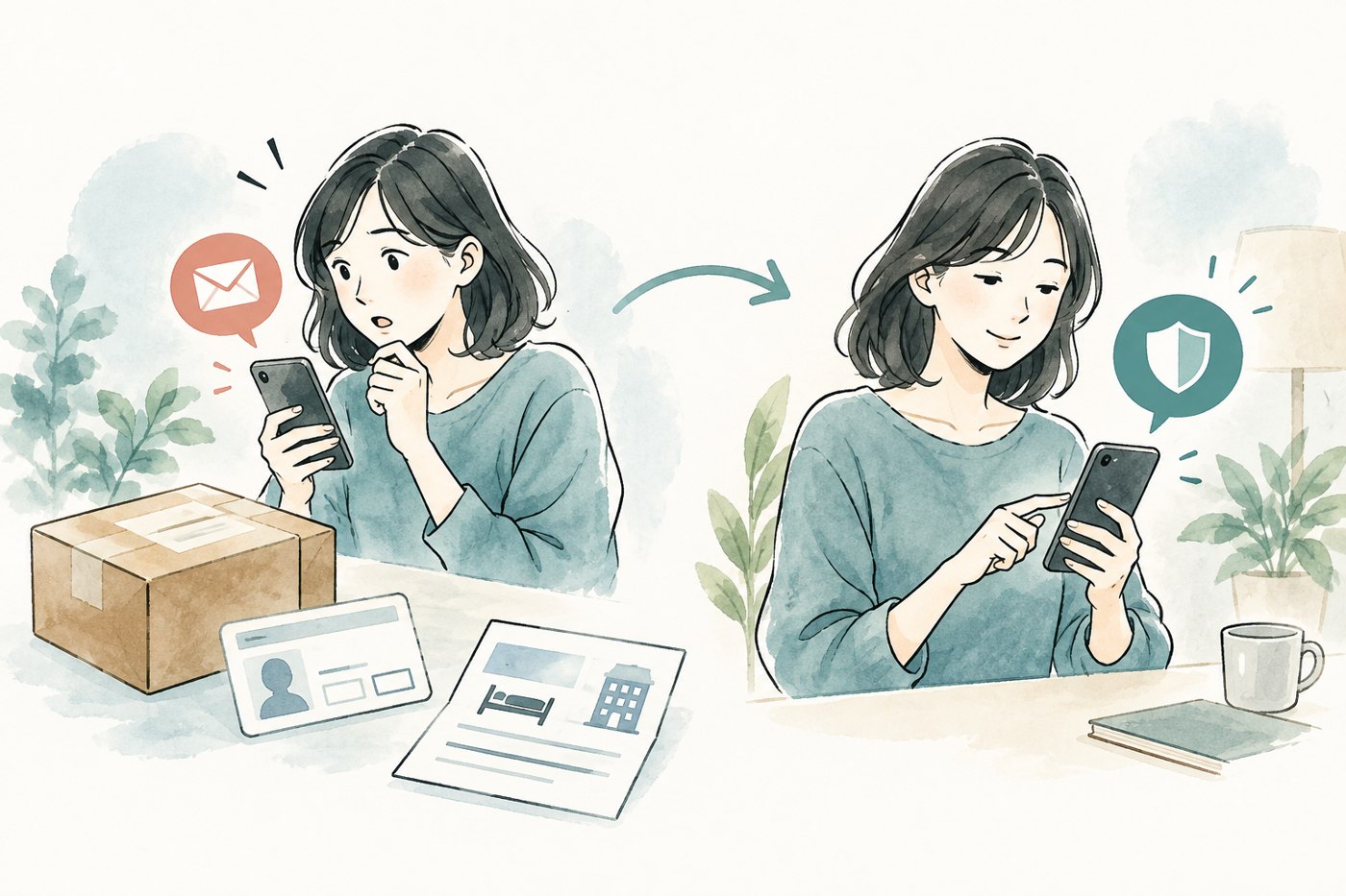 不審な通知から直接操作せず、公式アプリで確認する様子を描いたイメージイラスト