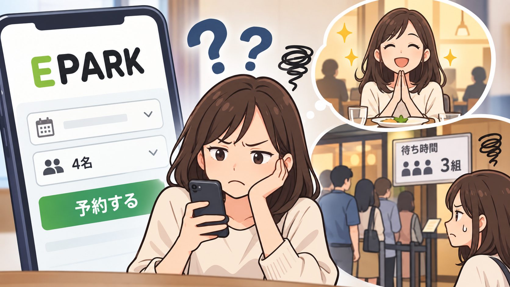 EPARKで予約したつもりでも待ちが発生する期待と実態の差を描いたAIイラスト