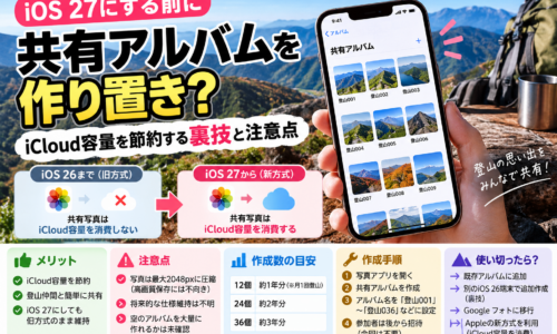 山頂で登山写真を共有するiPhoneと、iOS 26の旧共有アルバムとiOS 27の新方式を比較した記事用画像