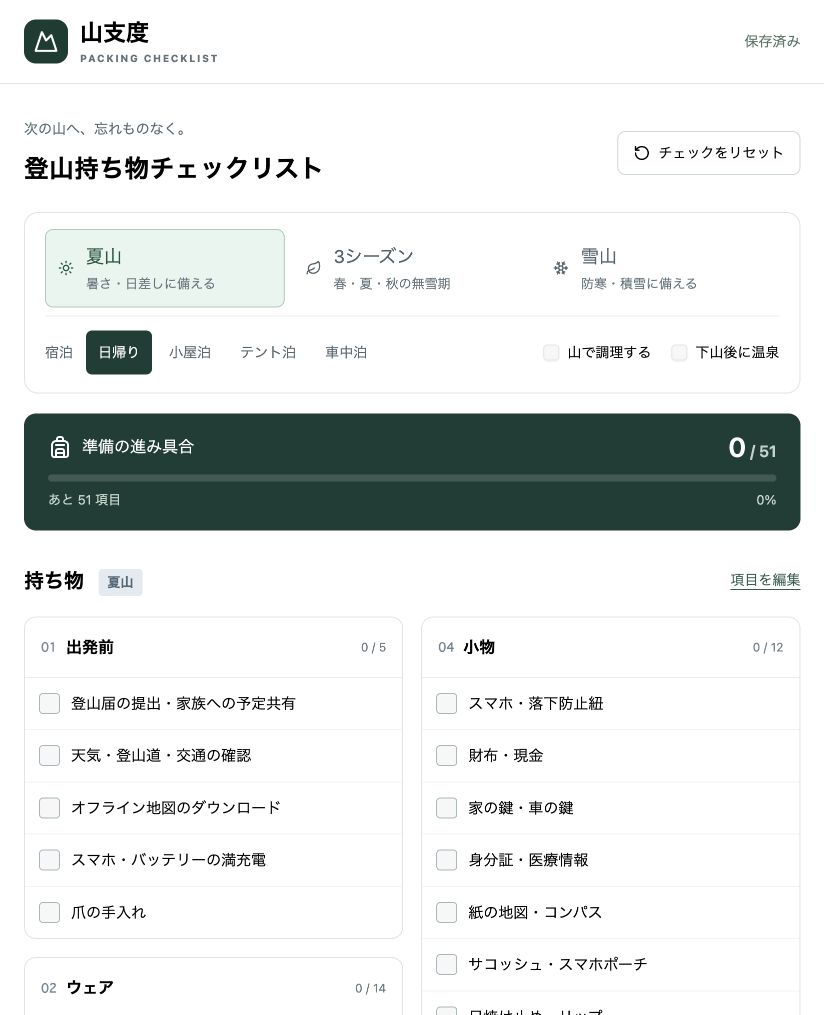 山支度の実際のプレビュー画面。夏山・3シーズン・雪山の切り替え、宿泊設定、チェックの進捗、カテゴリー別の持ち物を表示。