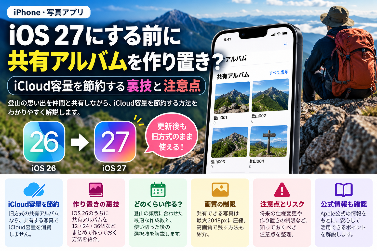 iOS 26の旧共有アルバムとiOS 27の違い、登山仲間と使うために更新前にアルバムを作り置きする注意点