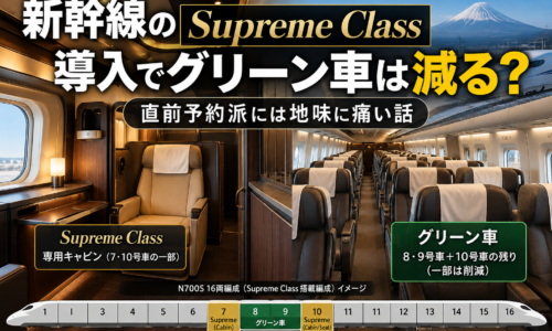 Supreme Classとグリーン車の違いを示したAIイラスト