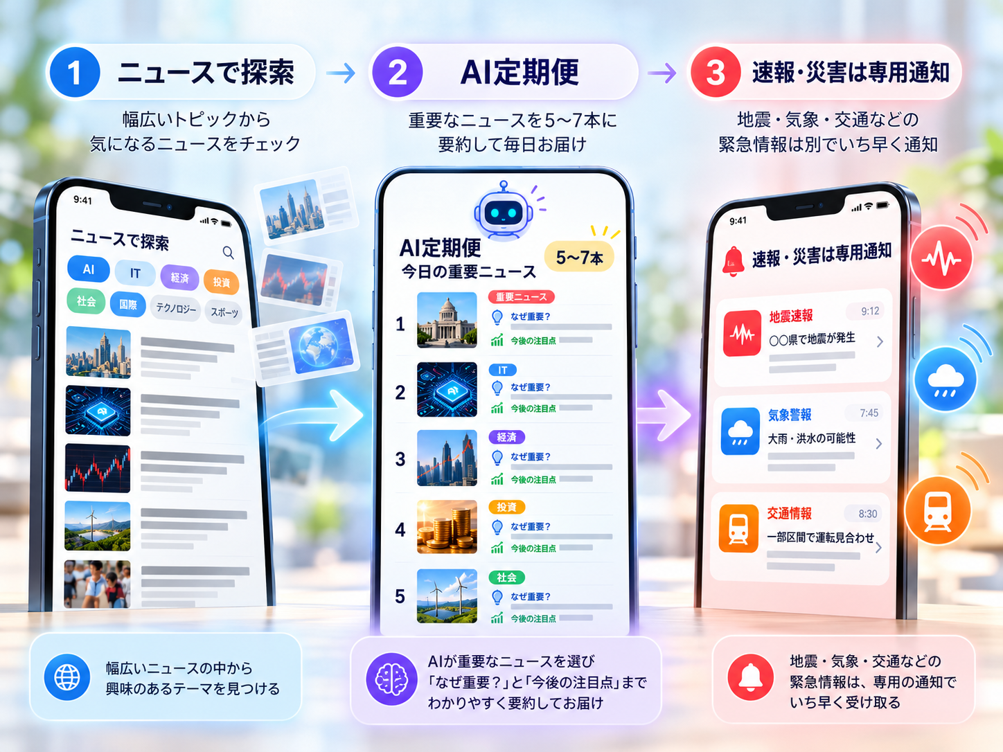 ニュース探索、AI定期便、緊急通知を使い分ける3段階のニュース情報収集フロー