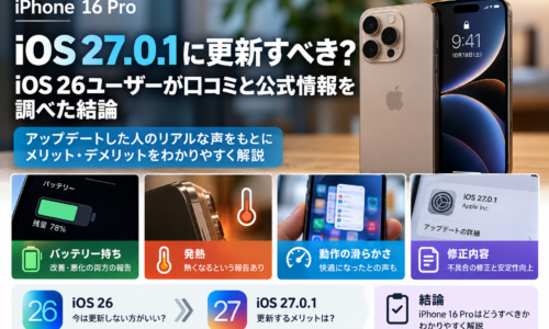iPhone 16 ProとiOS 27.0.1の更新判断。バッテリー、発熱、動作、修正内容を整理したアイキャッチ画像