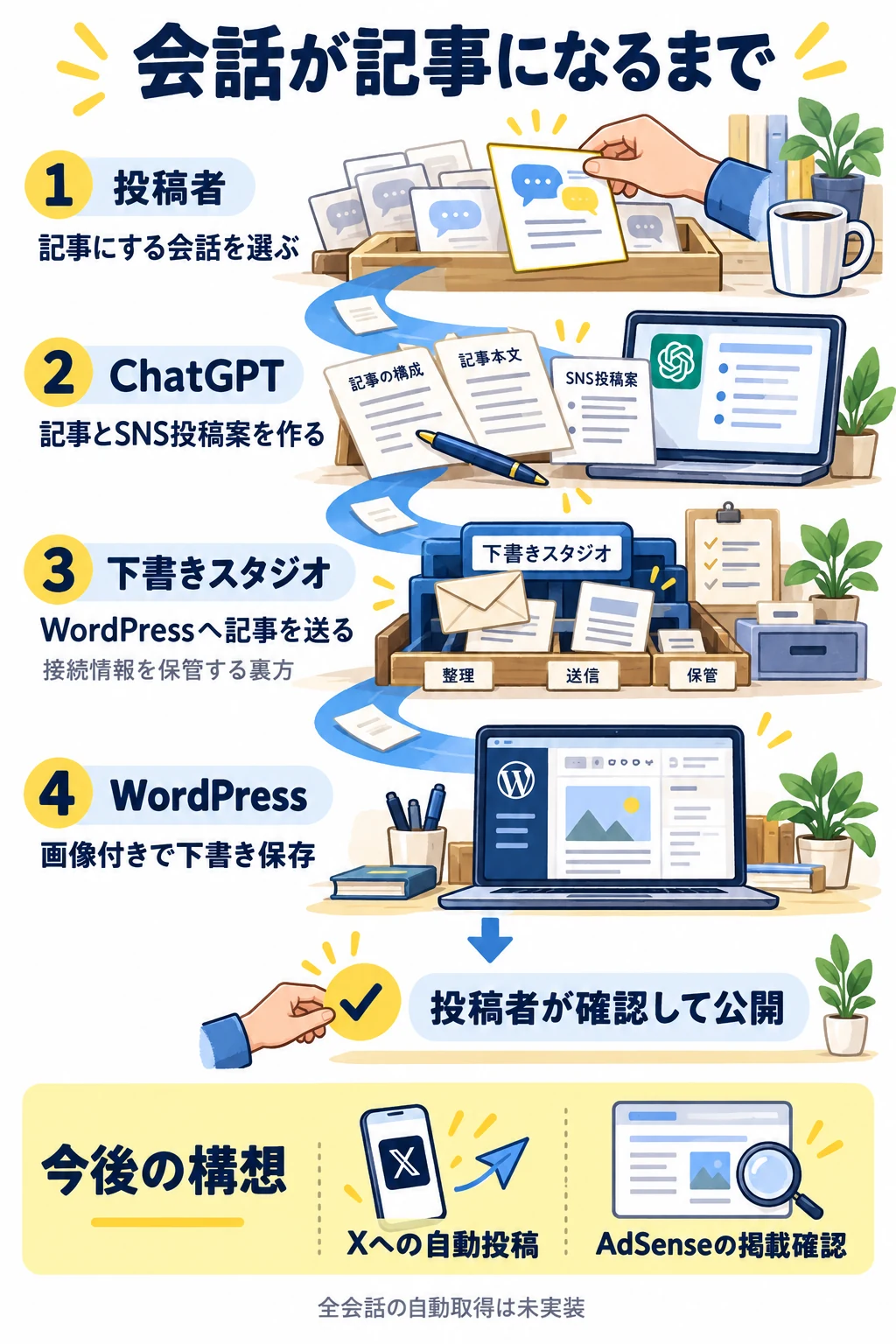 投稿者が会話を選び、ChatGPTで記事を作成し、下書きスタジオを経由してWordPressへ画像付き下書き保存する流れと、今後のSNS・広告連携構想