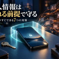 個人情報の漏洩に備え、スマートフォンと認証を守る考え方を表現した高精細なイラスト