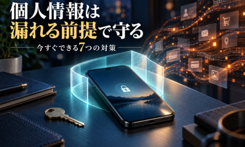 個人情報の漏洩に備え、スマートフォンと認証を守る考え方を表現した高精細なイラスト