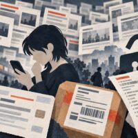大量の情報漏えいニュースと、個人の身分証・配送情報を対比したイメージイラスト
