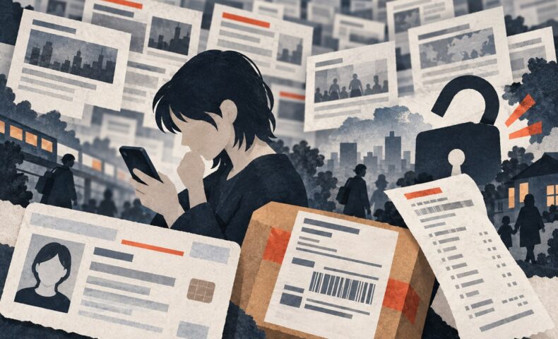 大量の情報漏えいニュースと、個人の身分証・配送情報を対比したイメージイラスト