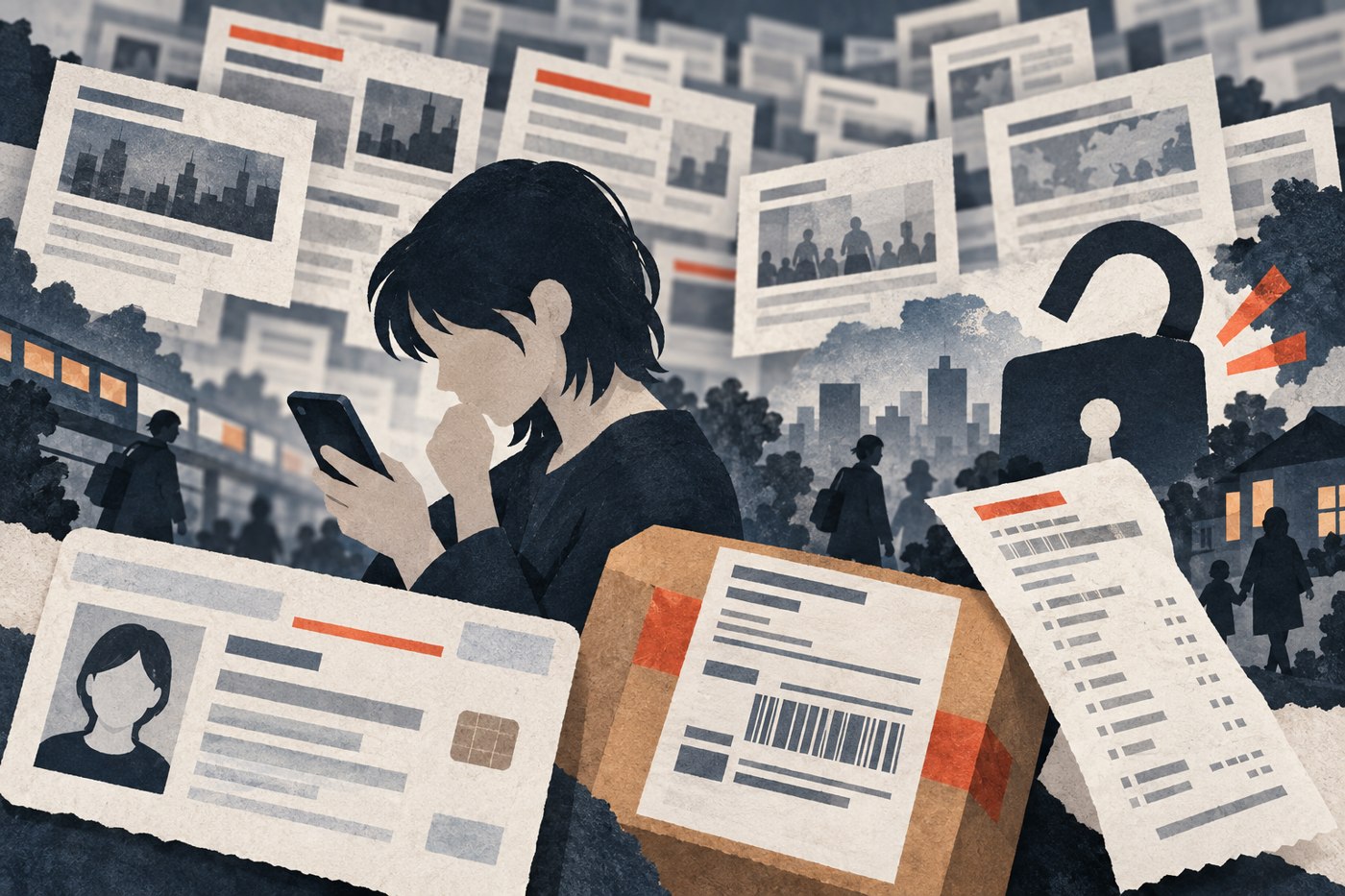 大量の情報漏えいニュースと、個人の身分証・配送情報を対比したイメージイラスト