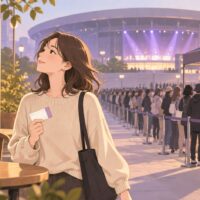 物販の行列を離れてカフェで過ごす来場者を描いたAIイラスト。実際の会場や当日の写真ではありません。