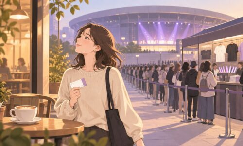 物販の行列を離れてカフェで過ごす来場者を描いたAIイラスト。実際の会場や当日の写真ではありません。