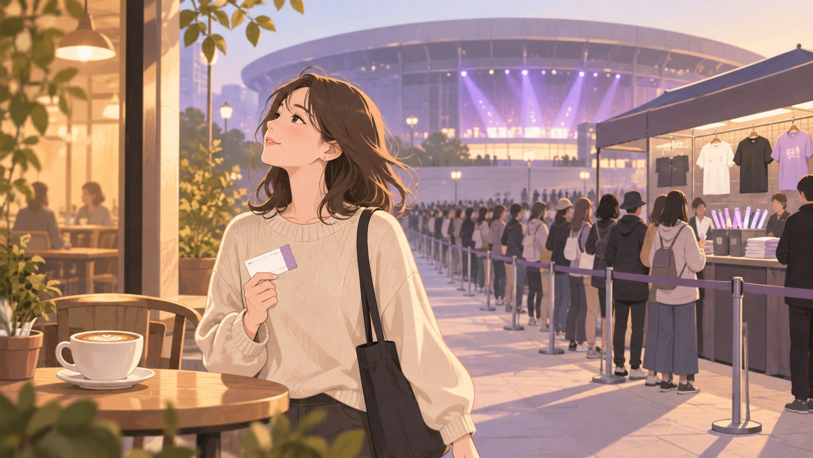 物販の行列を離れてカフェで過ごす来場者を描いたAIイラスト。実際の会場や当日の写真ではありません。